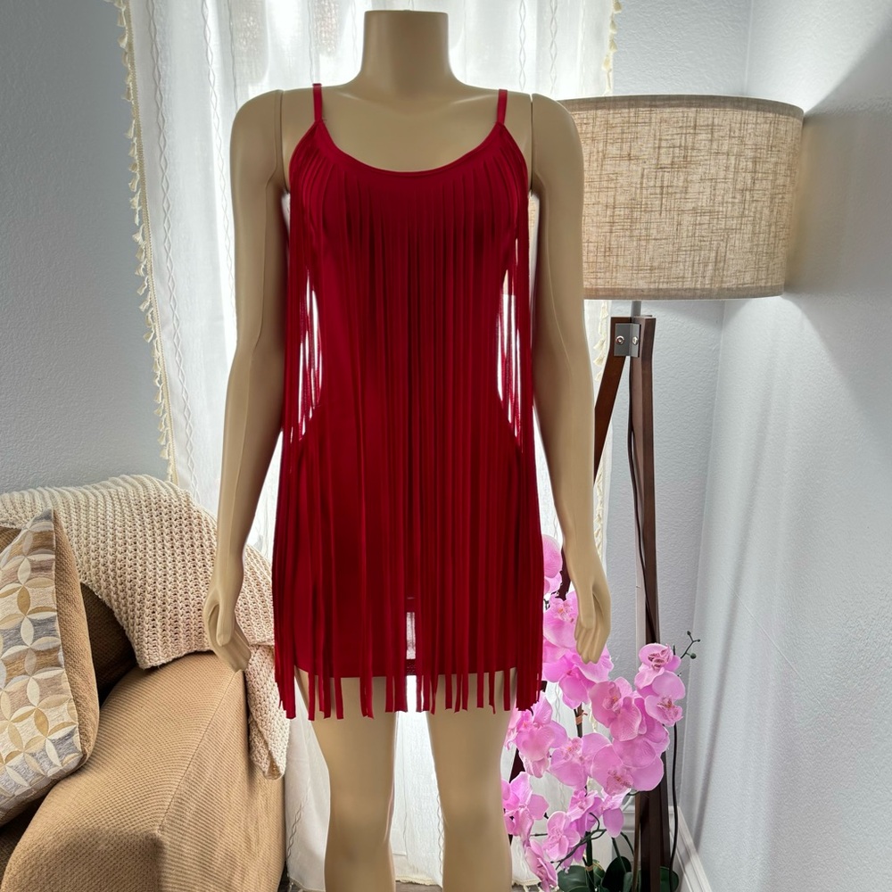 Red Retro Sheath Dress Size S Small Fringe Tassel Spaghetti Strap Peep Pt Toe